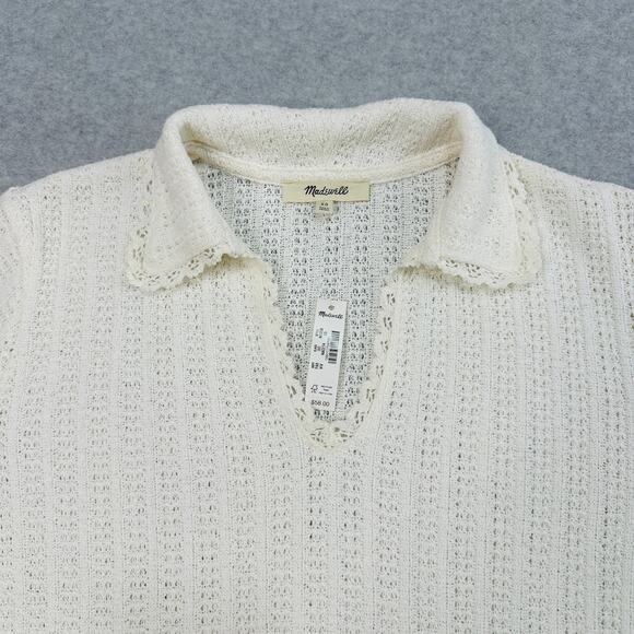 Madewell Crochet-Knit V-Neck Sweater Tee XS Vintage Ivory Short Sleeve Pullover - Picture 4 of 9